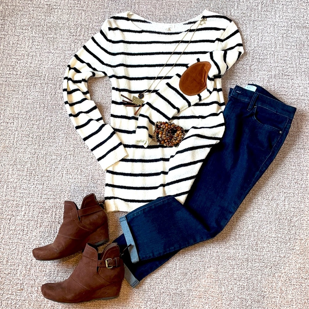 Striped Sweater with elbow patch.
